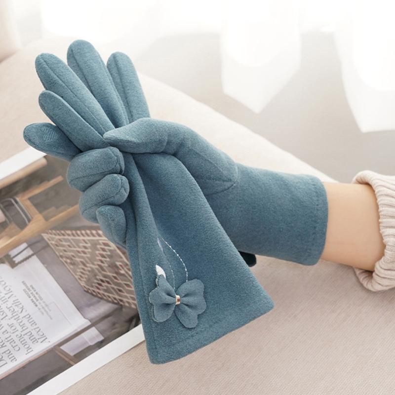 Теплые толстые перчатки с бантом и вышивкой, эластичные водонепроницаемые перчатки для сенсорного экрана, повседневные уличные велосипедные перчатки