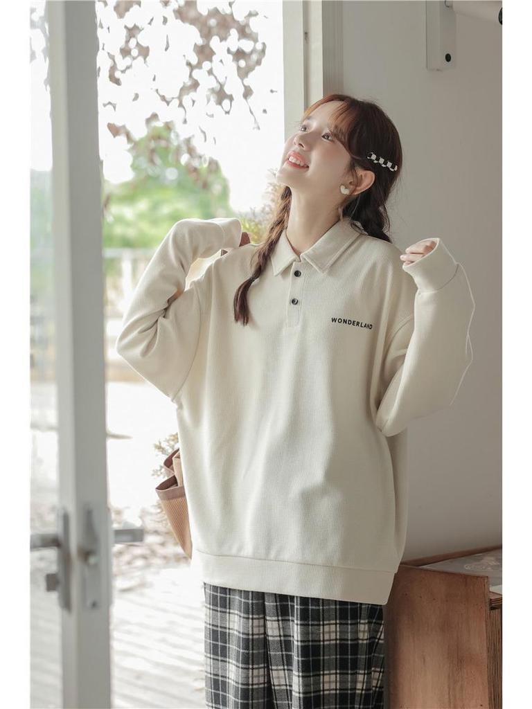 Ретро Толстовка-поло свободного кроя - Повседневный топ с длинным рукавом