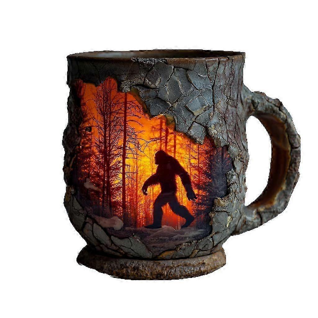 Bigfoot Forest Fire Mug, 3D Vintage Sasquatch Bigfoot Outdoor Coffee Gifts Cup Campfire Mug for Camping Kitchen Cryptid Believers Nature Lovers Mounta