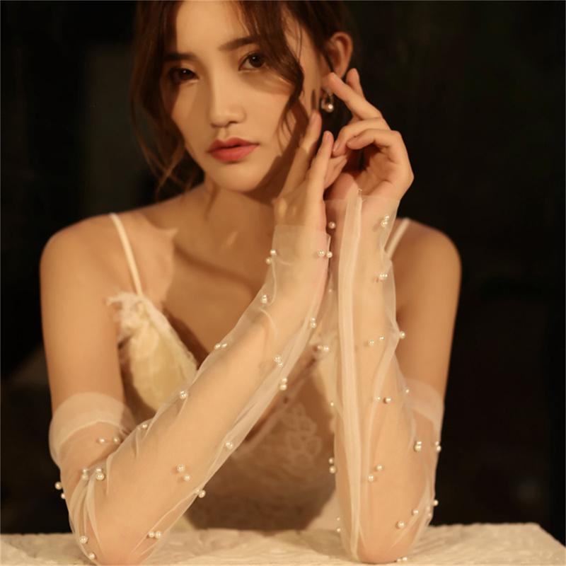 White Tulle Gloves Wedding Pearl Long Bridal Sheer Sleeves Elbow Length Lace Fingerless Gloves Mesh Dress Arm Gloves for Brides Costume Dance Party