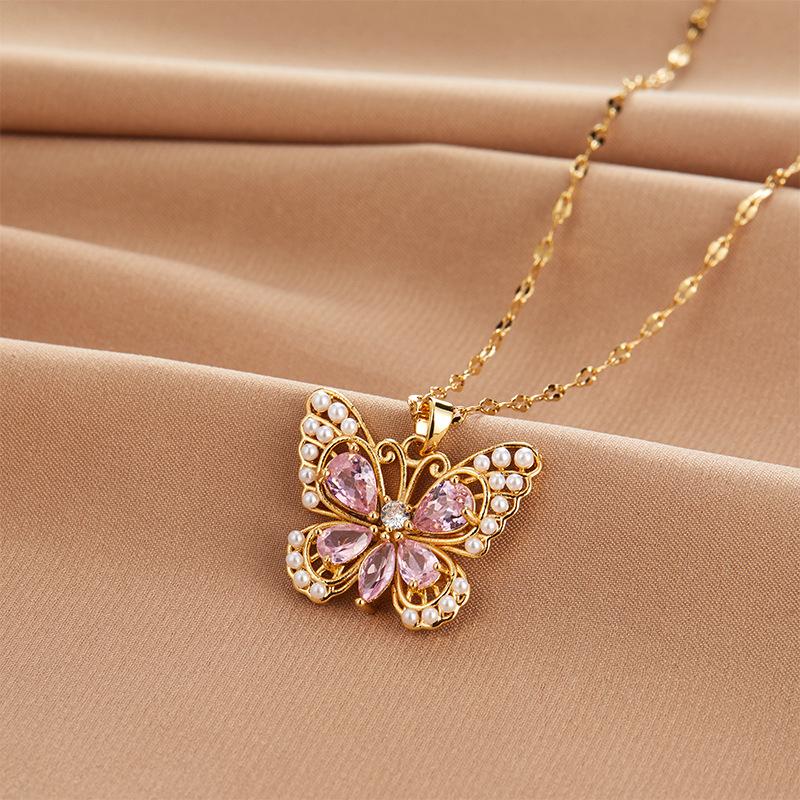 Light Luxury Design Pink Zirconium Butterfly Necklace Women'S Simple Ol Versatile Pearl Pendant Jewelry