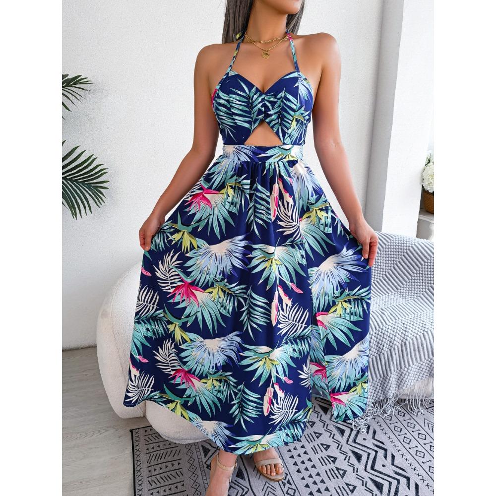 Spring and Summer Floral Sleeveless Hollow Out Halter Long Holiday Beach Dresses for Women