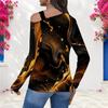 Women Plus Size Asymmetric Cutout Neck Cold Shoulder Long Sleeve Galaxy Printed Fitted Top