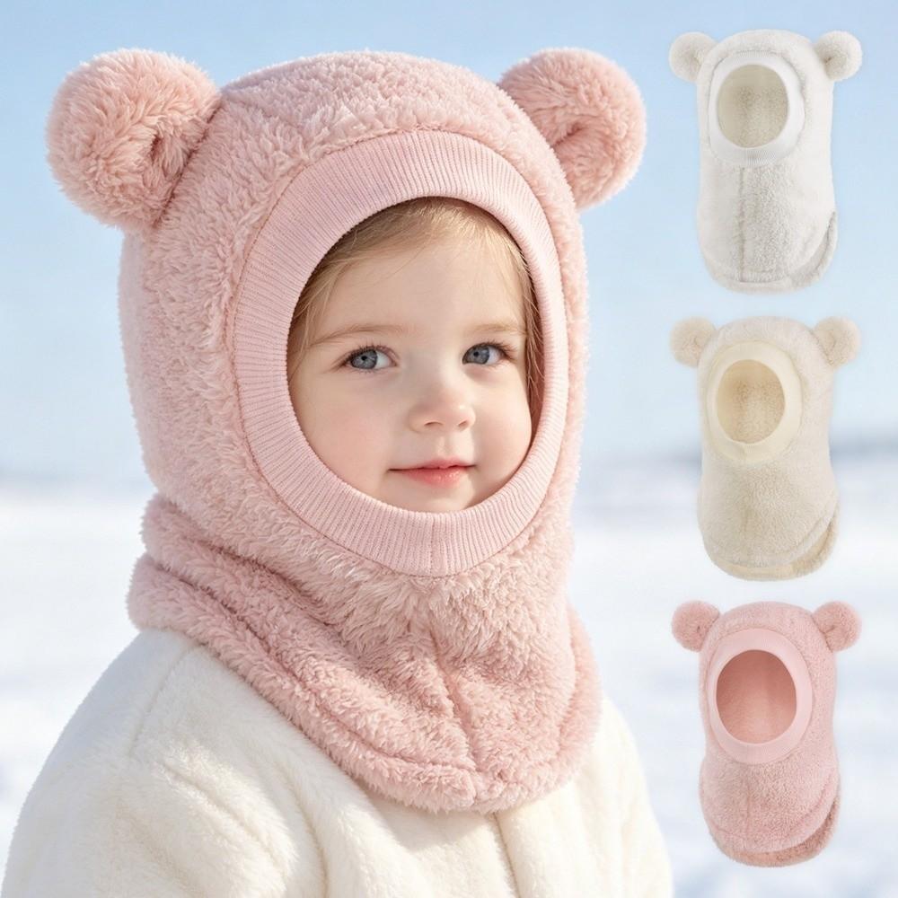 Plush Fleece Kids Hooded Beanie Windproof Scarf Hat Cute Bear Ears Balaclava Hat Winter
