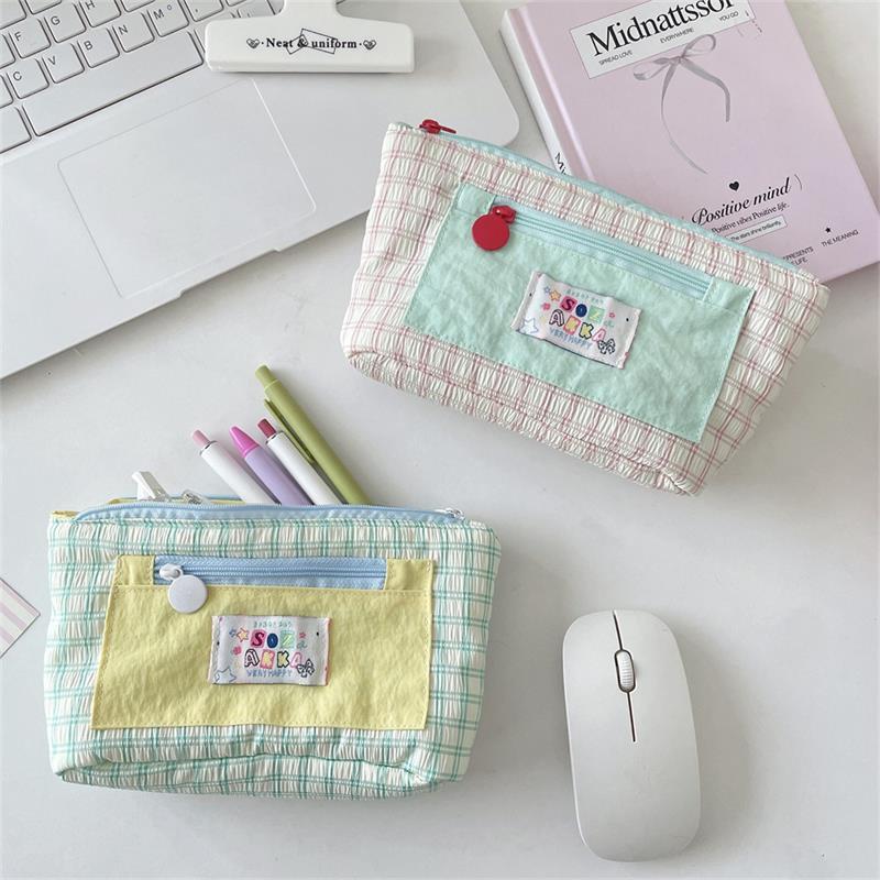 Cute Contrast Color Plaid Dopamine Large Capacity Pencil Case Storage Bag Student Stationery Supply Pouch Girl Cosmetic Bag Gift