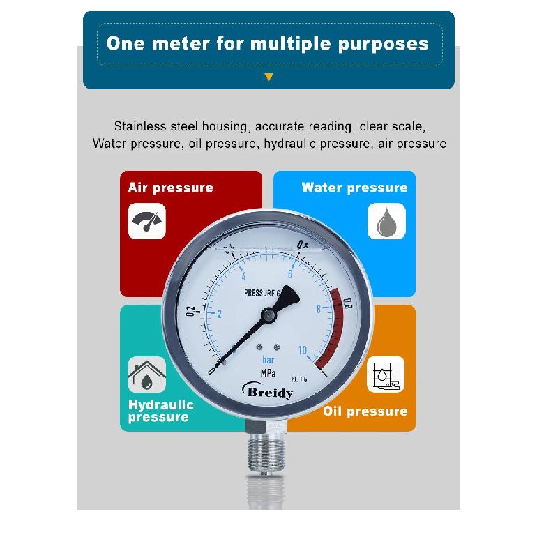 Xin Tester Water pressure gauge Stainless Steel G 1/4 G1/2 Oil Hydraulic air Vacuum Manometer 0-60mpa Diameter 100mm YN100
