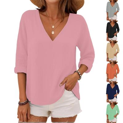 Женский повседневный топ с рукавом 3/4, V-образным вырезом, принтом с градиентом цвета, из хлопка и льна