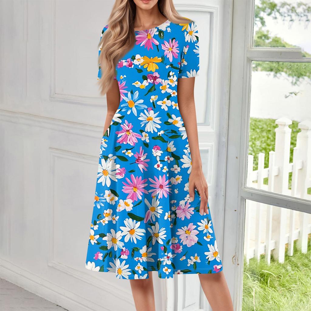 Женское свободное повседневное и модное платье с круглым вырезом и короткими рукавами, средней длины с принтом