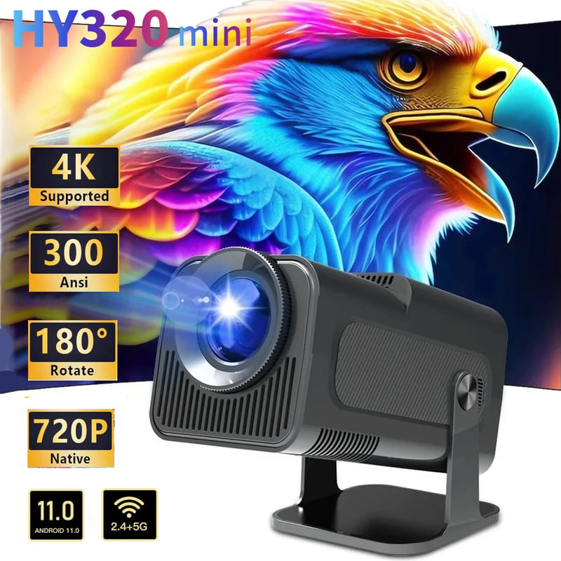 2025 New HY320 Mini Newly Native Android11 4K Projector 300ANSI Wifi6 BT5.0 Cinema 720P Outdoor Portable 180° Rotable Projector