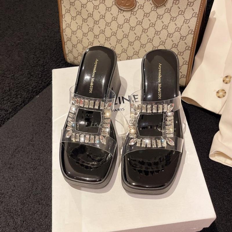 Крутые шлепанцы на толстой подошве и высоком каблуке для женщин, модные шлепанцы с перемычкой и стразами большого размера для женщин