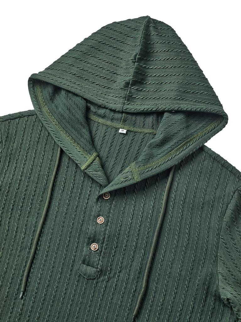 2025 Men's Solid Color Hooded Pullover: Autumn & Winter Casual Textured Fabric with Long Sleeves and Drawstring Buttons.