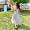 Romantic French Style Summer Dress with Delicate Floral Print Slim Drawstring Clothes for Women