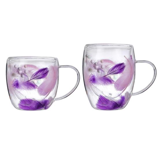 Двойная стеклянная кофейная кружка 250/350 мл с рисунком в виде перьев, с ручкой, с изоляцией, устойчивой к ожогам, с удобным захватом и контролем температуры