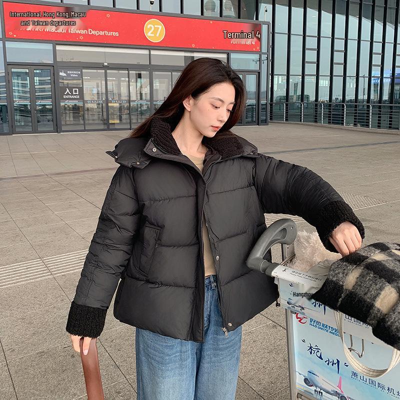 Женская зимняя хлопковая куртка пэчворк 2024 года с манжетами из овчины - Короткий европейский стиль