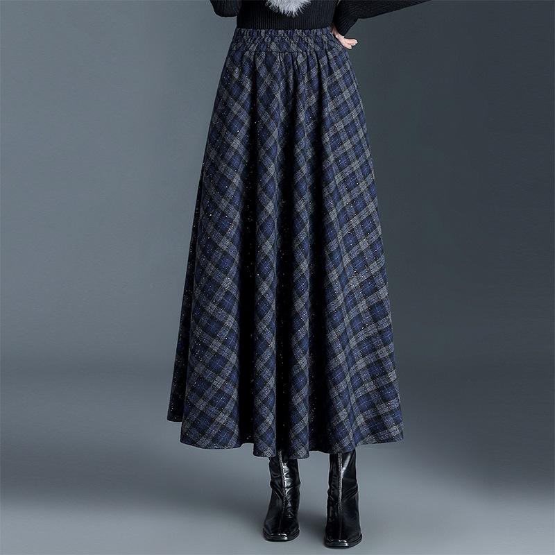 Plaid Drapey A-line Elastic Waist Pleated Midi Skirt - 2025 Winter Slimming Edition
