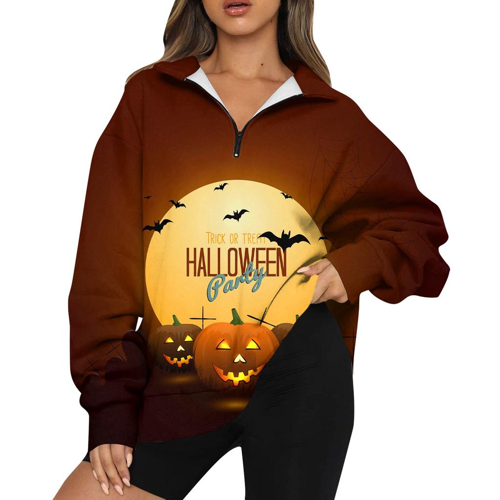 Women's Fashion Casual Long Sleeve Halloween Printed Zipper Turtleneck Drop Shoulder Sweatshirt Top