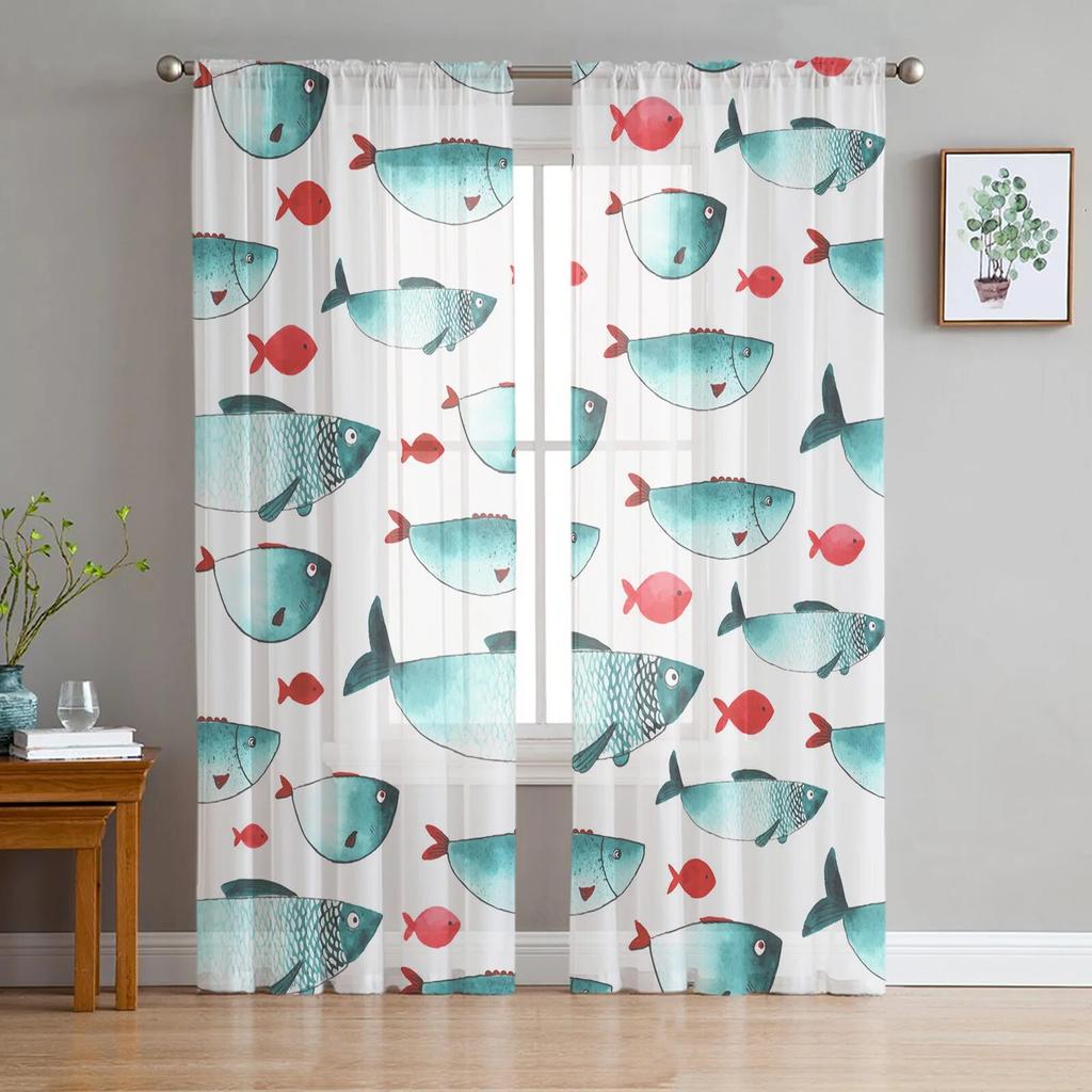 Фиолетовая рыбка, акварельная живопись, прозрачные оконные шторы для гостиной, спальни, украшения комнаты для девочек, тюлевые шторы