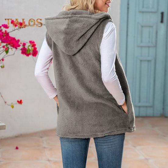 Женский зимний жилет с капюшоном, кардиган средней длины, жилет из искусственного меха, однотонное толстое теплое пальто без рукавов для повседневной носки на открытом воздухе