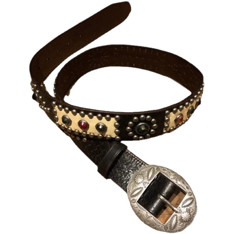 Винтажный кожаный ремень в западном стиле с резным драгоценным камнем для мужчин и женщин