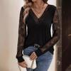 New Elegant Lace Lace V-neck Splicing Loose Long Sleeve Solid Color T-shirt Look Thin Top