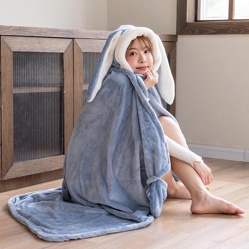 Уютная шаль с кроличьими ушками для осени и зимы - Толстое, милое одеяло для офиса, студентов или для сна