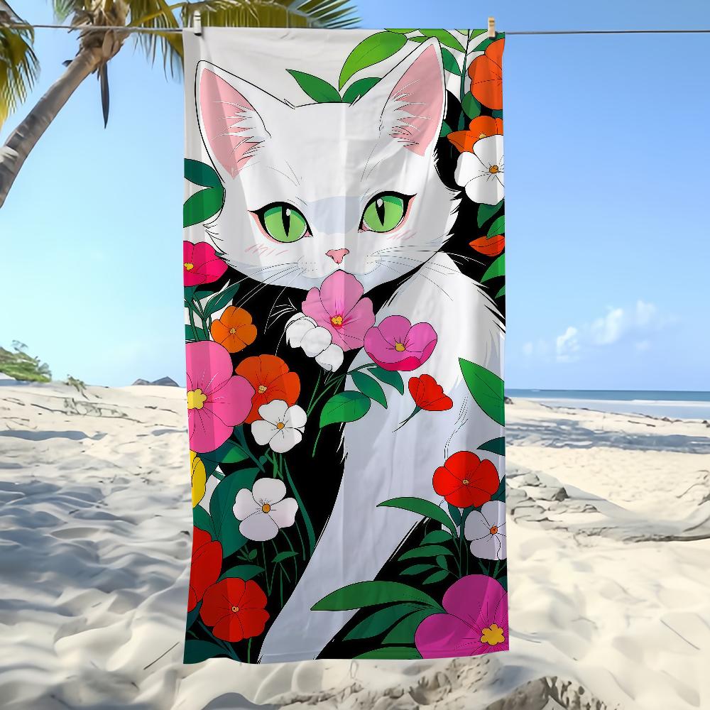 Towel Textile Flowers Bathrobe Beach Cat Surrounded Quick-Drying Adorable Lightweight Portable White Camping Swim Pool Travel