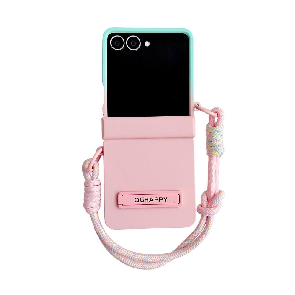 Double Color Contrast Lanyard Matte Case for Samsung Galaxy Z Flip 7 6 5 4 3 Zflip Hand Wrist Strap Bracket Stand Hard PC Cover