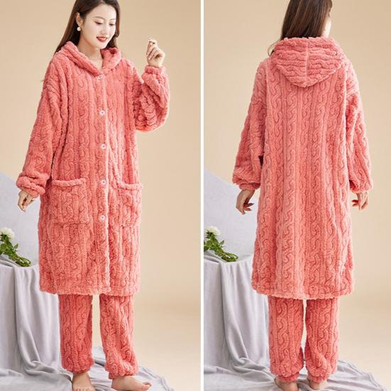Комплект из 2 предметов: женский зимний халат и брюки, толстый флис, сохраняющий тепло, однобортный халат с капюшоном и карманами, свободная домашняя одежда, брюки, одежда для сна, пижама