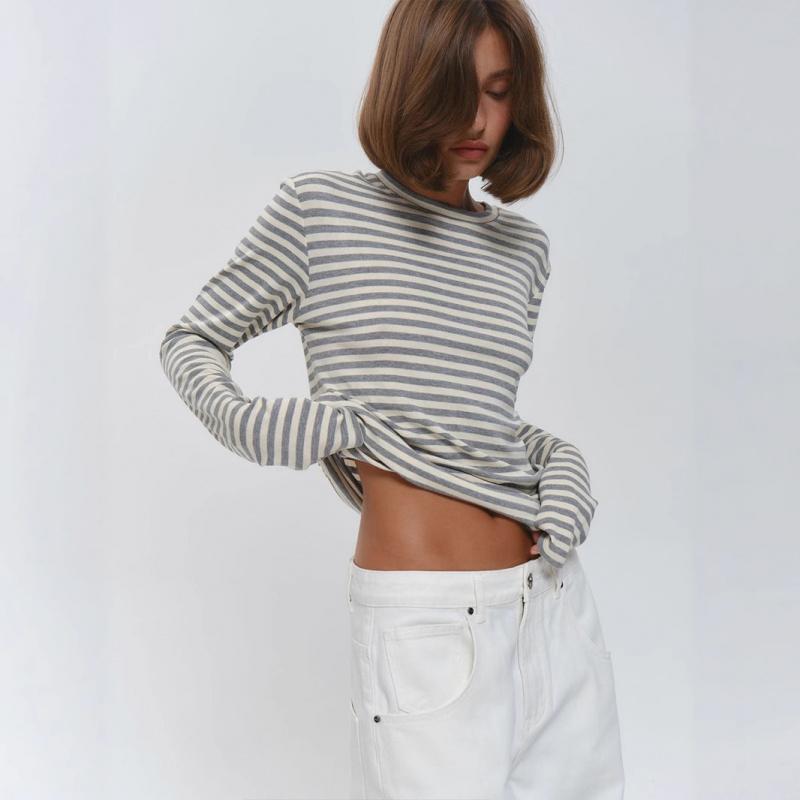 Новая полосатая футболка с длинным рукавом 2026, базовая футболка slim-fit с круглым вырезом для женщин, повседневная футболка