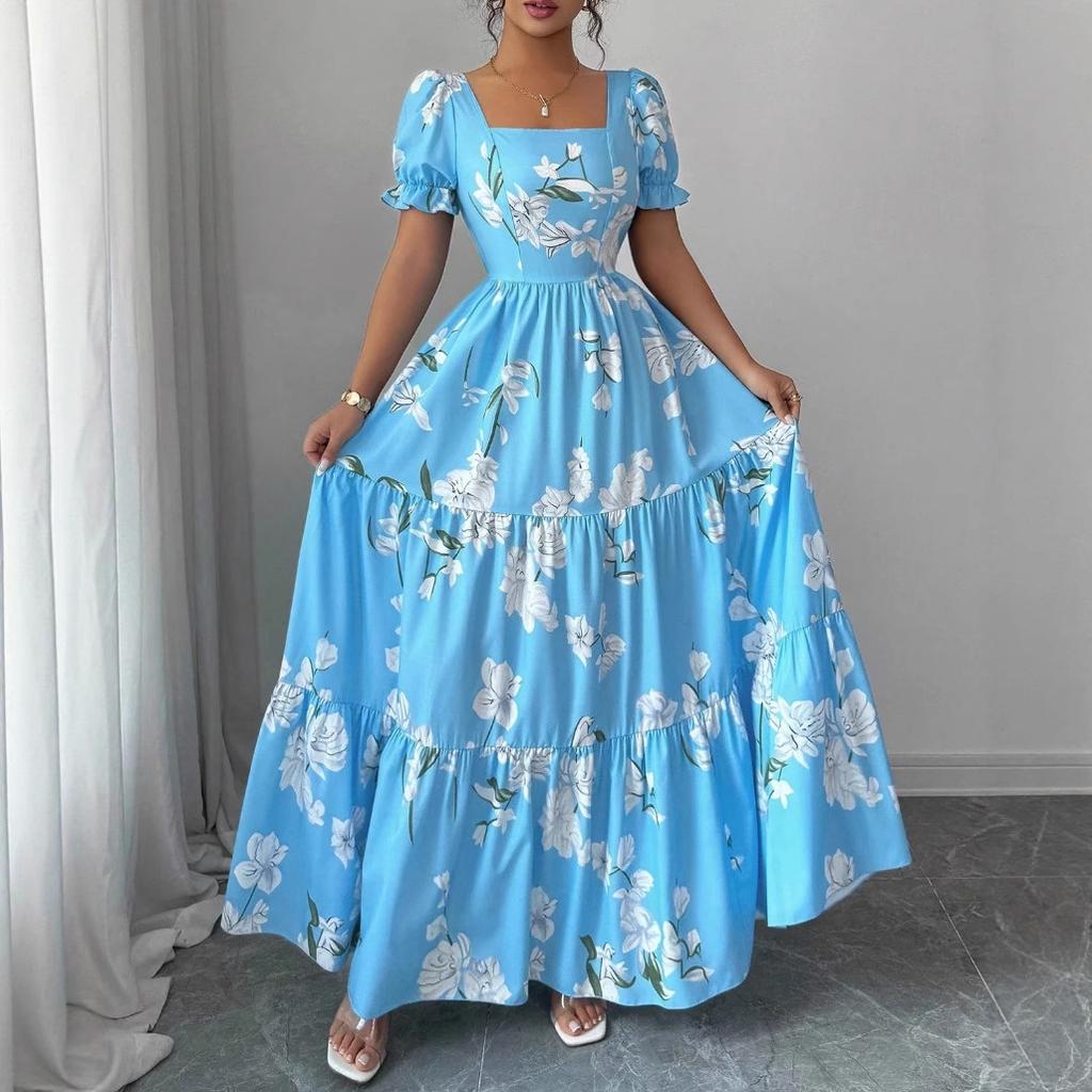 Европа, Америка, новое длинное платье платье с квадратным вырезом цветочный принт элегантный темперамент