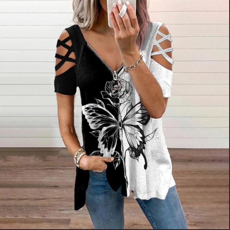 Женская летняя одежда Повседневная с открытыми плечами Топы с короткими рукавами Глубокий V-образный вырез Блузки на молнии Женская мода Футболка Свободные Большие размеры