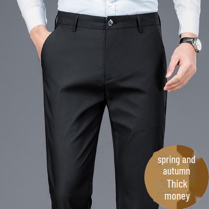Men's Elastic Casual Thickened Formal Trousers for Autumn/Winter - Non-Iron, Loose, Straight Fit