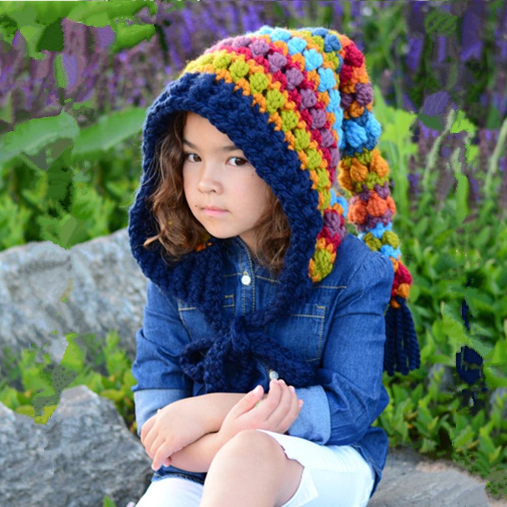 Winter new thickened children's hat wool crochet rainbow long tail hat European and American girls elf wizard princess keep warm