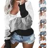 Womens Lady V-neck Sweater Casual Patchwork Loose Long Sleeve Tops Slim Fit Pullover