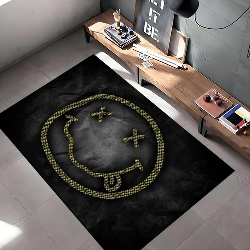 Gold Stitched Smiley Face on Black Background Rug Non-slip rug suitable for living room and bedroom sofas