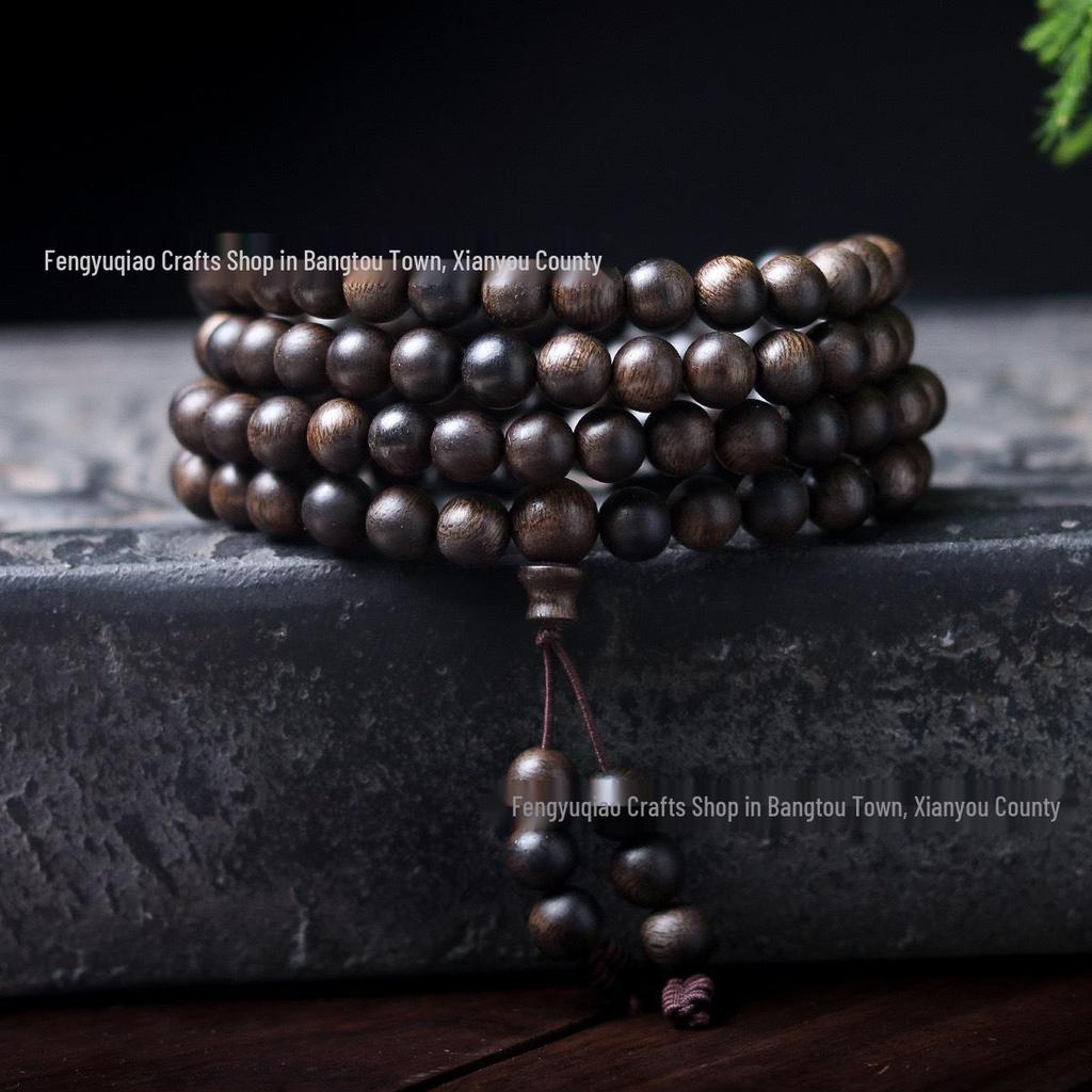 Agarwood Black Qinan High Oil Sinking Bracelet: 108 Bead Buddhist Rosary with Round and Barrel Beads, High-Quality Woody Hand Jewelry.