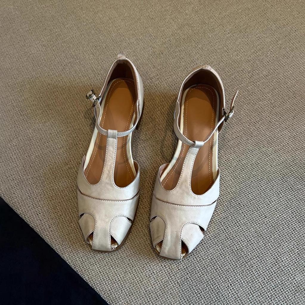 Версия из овчины ~ ретро-круглый носок полые летние кожаные сандалии женские однословные с полым толстым каблуком литературный стиль сумка голова обувь