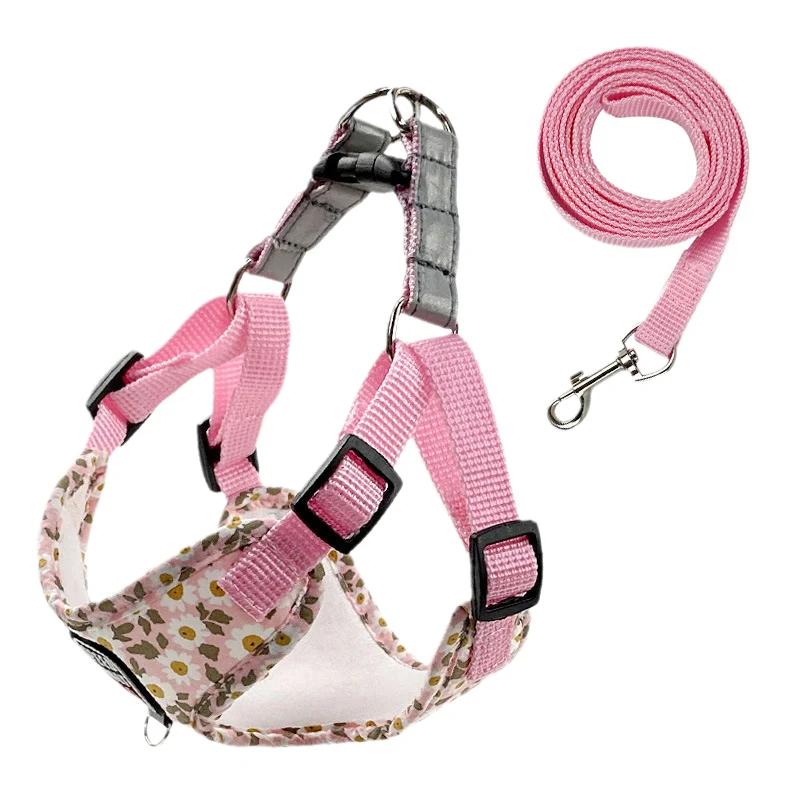 Floral Print Puppy Medium Dog Harnesses and Leash Set Reflective Pet Harness Vest for Small Dogs French Bulldog Shiba Inu Leads