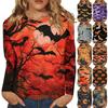 Fashionable 3D Digital Printed Halloween Bat Pattern Women's Round Neck Long Sleeved T-shirt