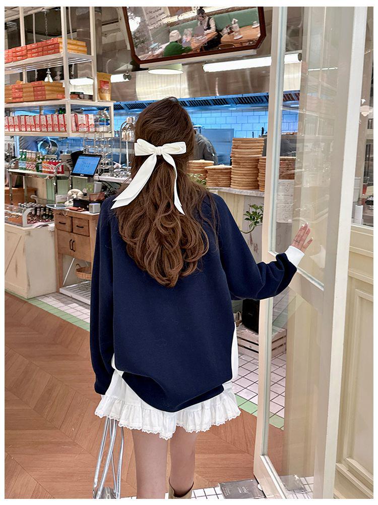 Women's Cotton Lace Trim Color Block V-Neck Sweatshirt – American College Style