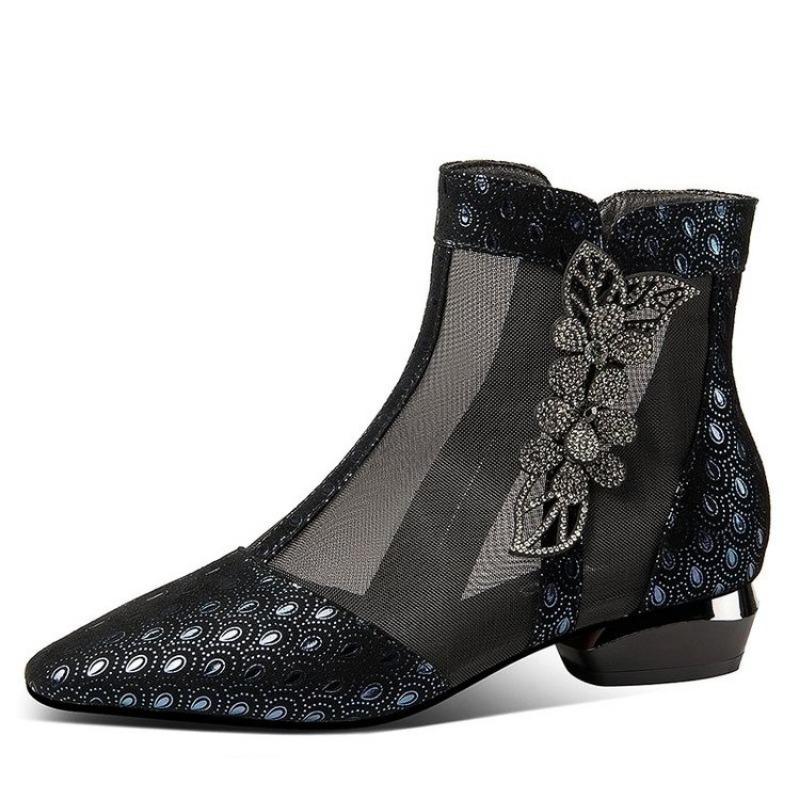 Модные женские сандалии со стразами на плоской подошве, летние новые модные сапоги с острым носком и сетчатым носком, классные сапоги на толстом каблуке