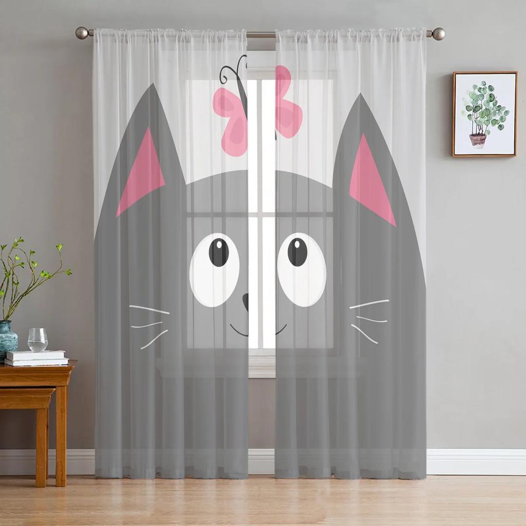 Силуэт Кошки Следы Лап Черно-Белые Сетчатые Прозрачные Шторы для Гостиной Спальни Современная Вуаль Шторы из Ткани Похожей на Шелк