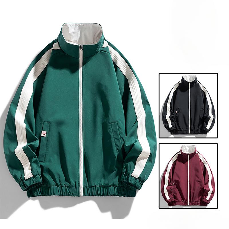 Куртка с воротником-стойкой, мужская, весенняя, новая, стильная, двусторонняя, полосатая, свободная, модная, брендовая, универсальная, большого размера, модный топ