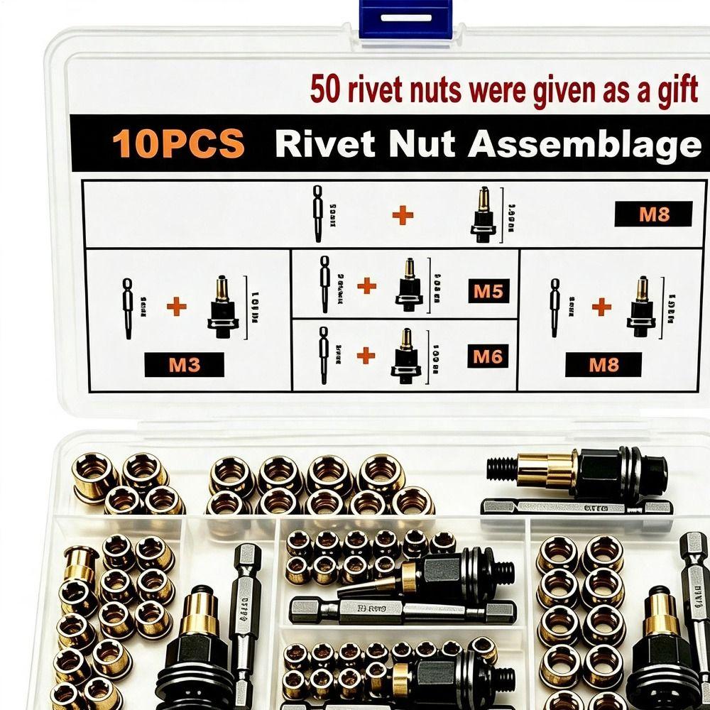 60Pcs Interchangeable Mandrels Rivet Nut Assembly Metal Rivet Nut Mandrel Kit for Automotive Repair