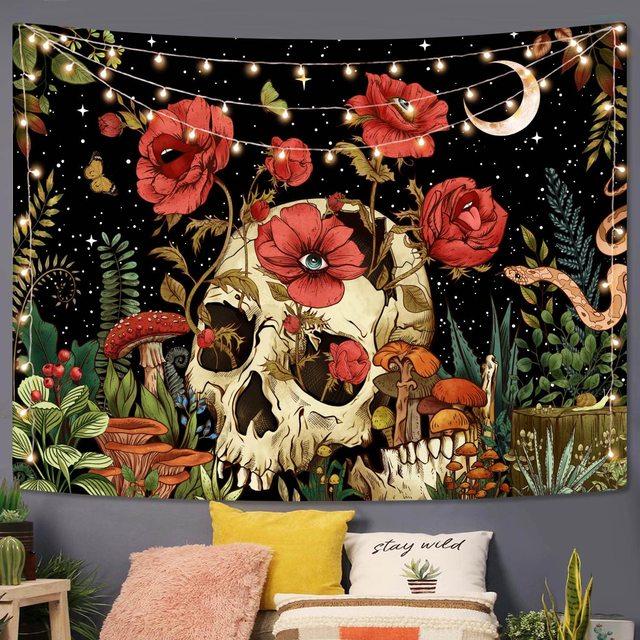 Гобелен с цветочным принтом и черепом, настенный гобелен в триповом стиле, грибной скелет, готический домашний декор, садовые эстетические гобелены для одеяла для спальни