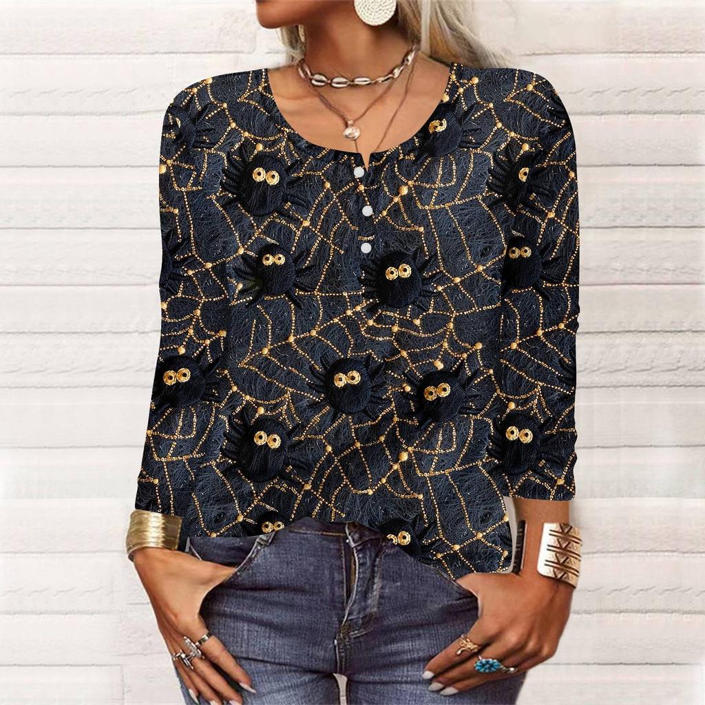 Long Sleeve Shirts For Women Halloween Pattern Print Graphic Tees Blouses Casual Plus Size Basic Tops Pullover