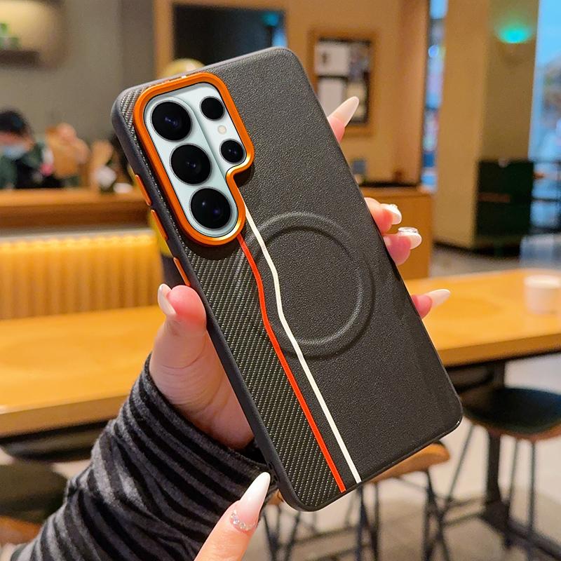 Магнитный Жесткий Чехол etui Для Samsung Galaxy S24 S25 S26 Plus Ultra Edge Кожаная Накладка с Текстурой Углеродного Волокна