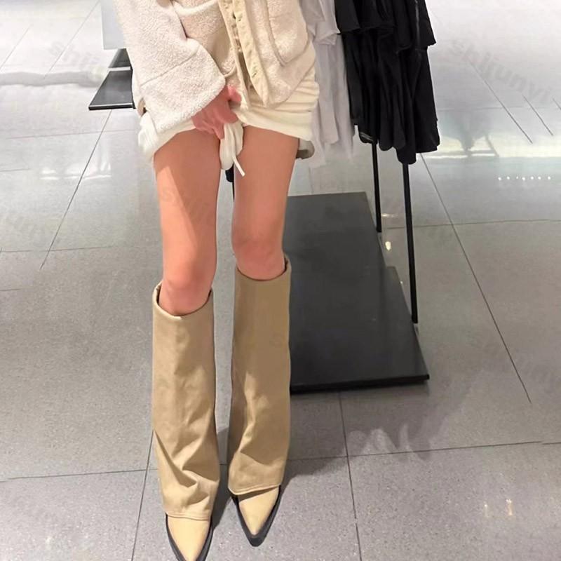 Остроносые толстые каблуки, брюки, сапоги, 2024, новые осенне-зимние женские винтажные ковбойские сапоги до колена на высоком каблуке в стиле вестерн, женские