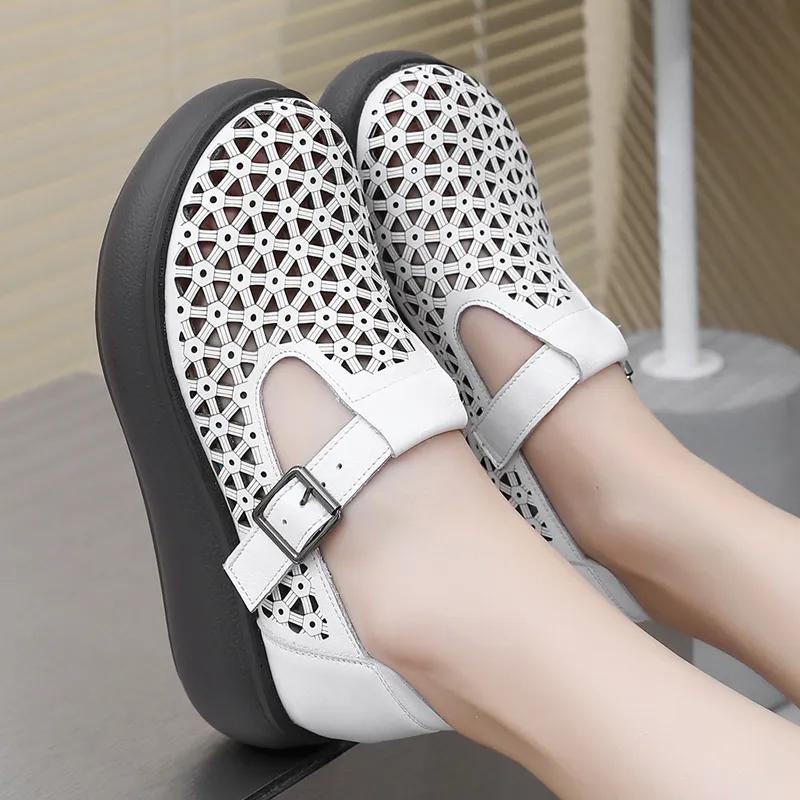 Женские сандалии из натуральной кожи с закрытым носком, летние сандалии на платформе с открытым носком, женская обувь ручной работы на танкетке для отдыха