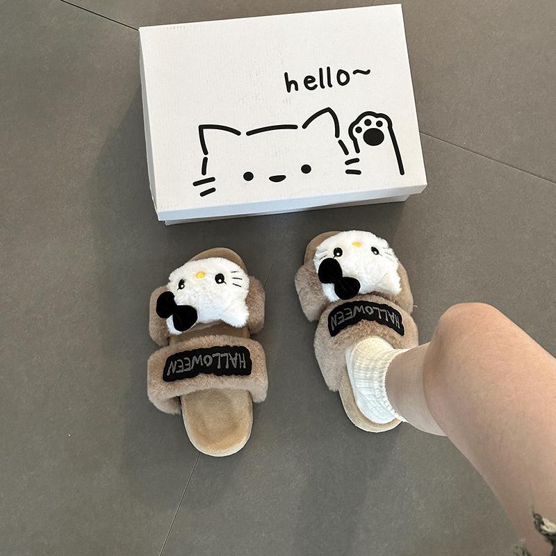 Anime Hello Kitty Lady Fluffy Slippers Autumn and Winter Cute Cartoon Home Indoor Warm One-word Baotou Cotton Mop